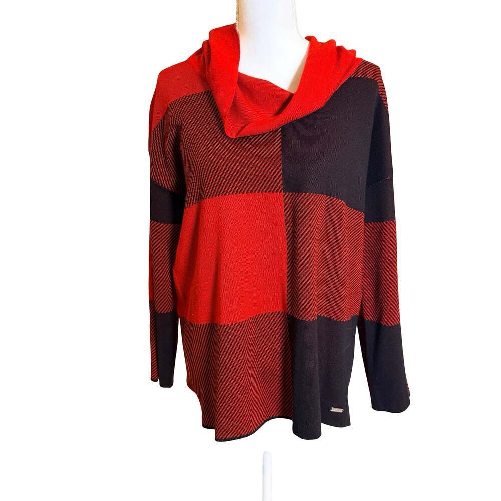 Calvin Klein Red and Black Buffalo Check Cowl Neck Sweater Size M